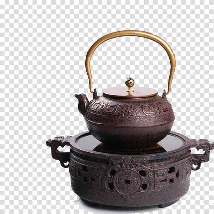 Teapot Kettle Iron Chawan, Vintage teapot and tray transparent background PNG clipart