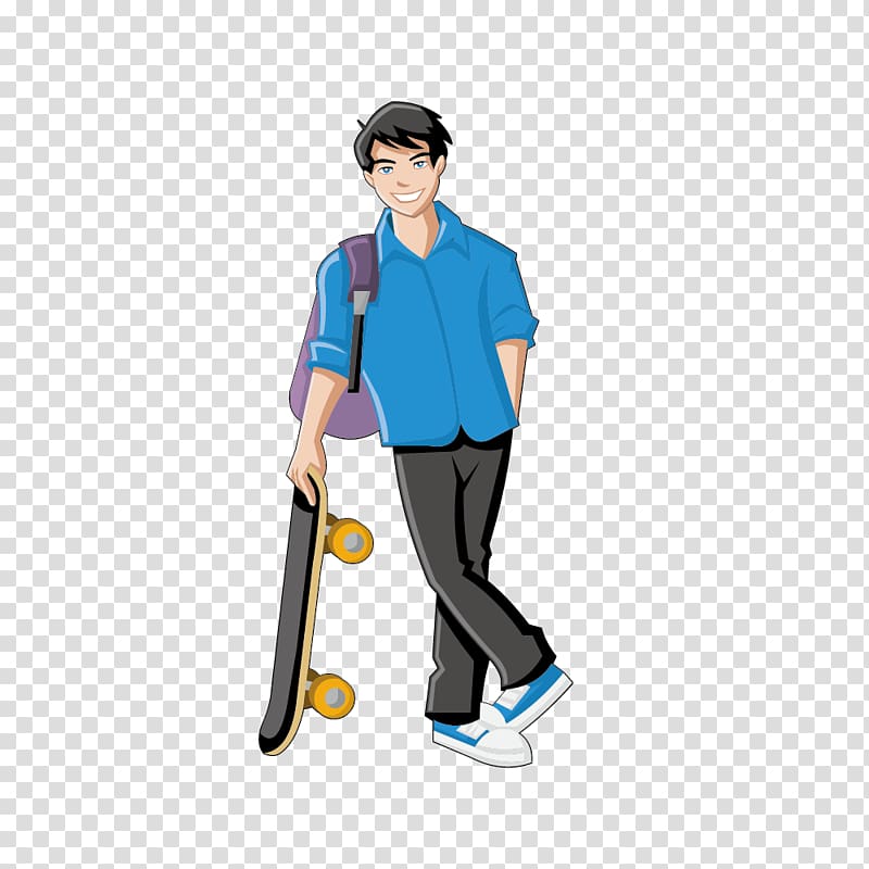 Boy Girl Cartoon , Male blue shirt skateboard transparent background PNG clipart