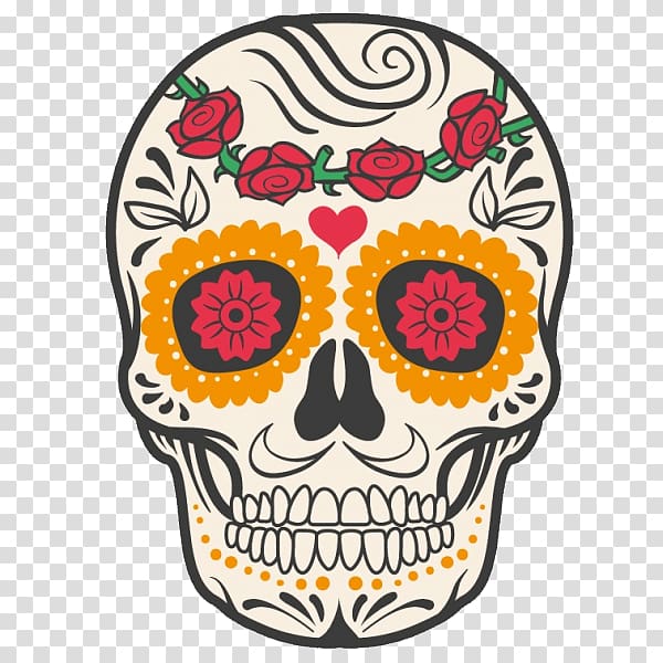 red flowers and kalabera illustration, Calavera Mexican cuisine Mexico Day of the Dead Human skull symbolism, skull transparent background PNG clipart