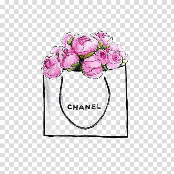 pink and blue Chanel floral shopping bag illustration, Chanel No. 5 Drawing Handbag, Chanel handbags transparent background PNG clipart