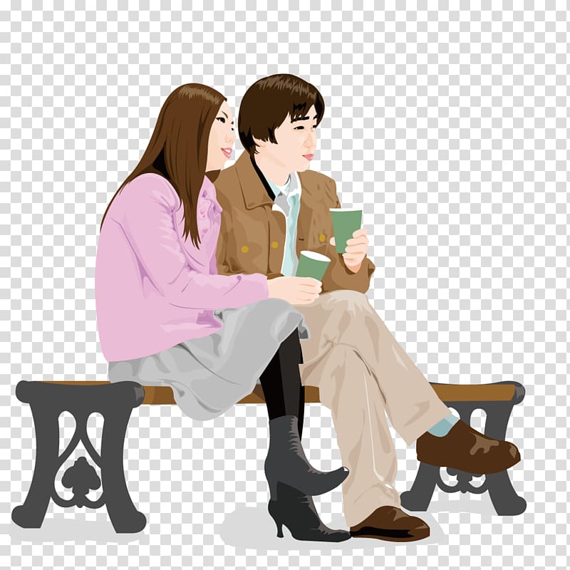 Cartoon Illustration, Take a cup sitting on a bench couple transparent background PNG clipart