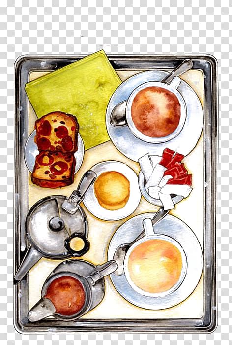variety of food on tray illustration, Angel food cake Drawing Watercolor painting Illustration, Cartoon tea transparent background PNG clipart
