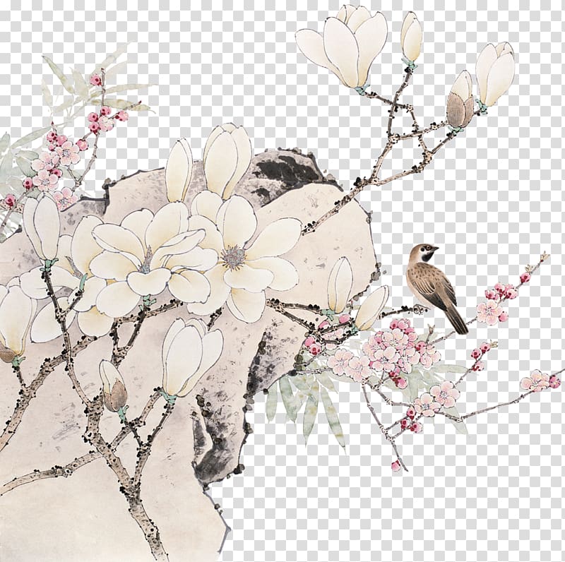 brown bird perching on tree branch, Chinese painting Ink wash painting Bird-and-flower painting Gongbi, Magnolia flowers transparent background PNG clipart