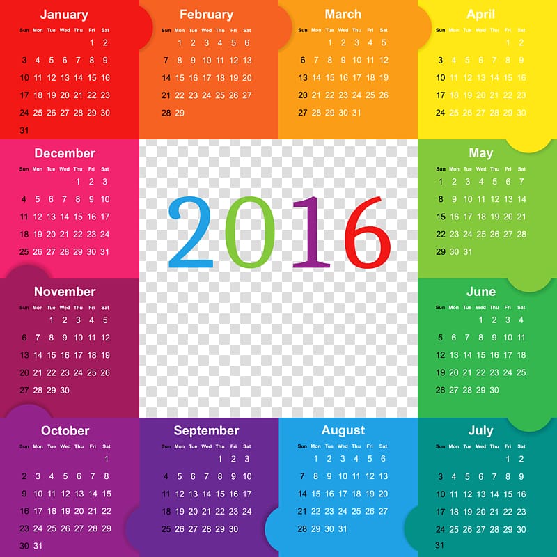 2016 calendar, Calendaring software Color Microsoft Outlook Time, Colorful 2016 Calendar transparent background PNG clipart