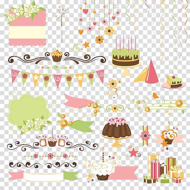 multicolored birthday decor lot illustration, Birthday cake Gift , celebrate transparent background PNG clipart