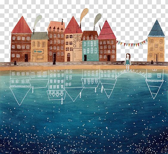Artist Watercolor painting Drawing Illustration, Waterside house transparent background PNG clipart