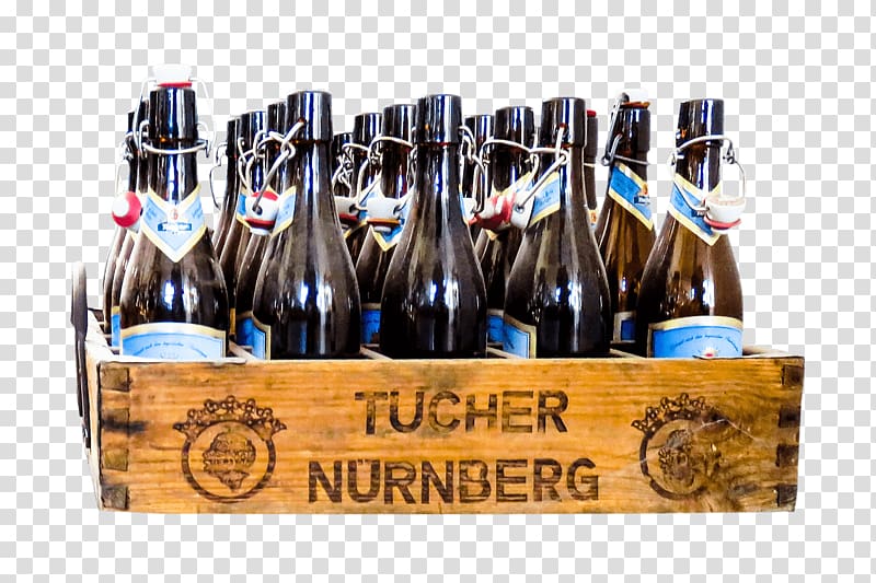 black tinted glass bottles in brown Tucher Nurnberg wooden crate illustration, Beer Crate transparent background PNG clipart