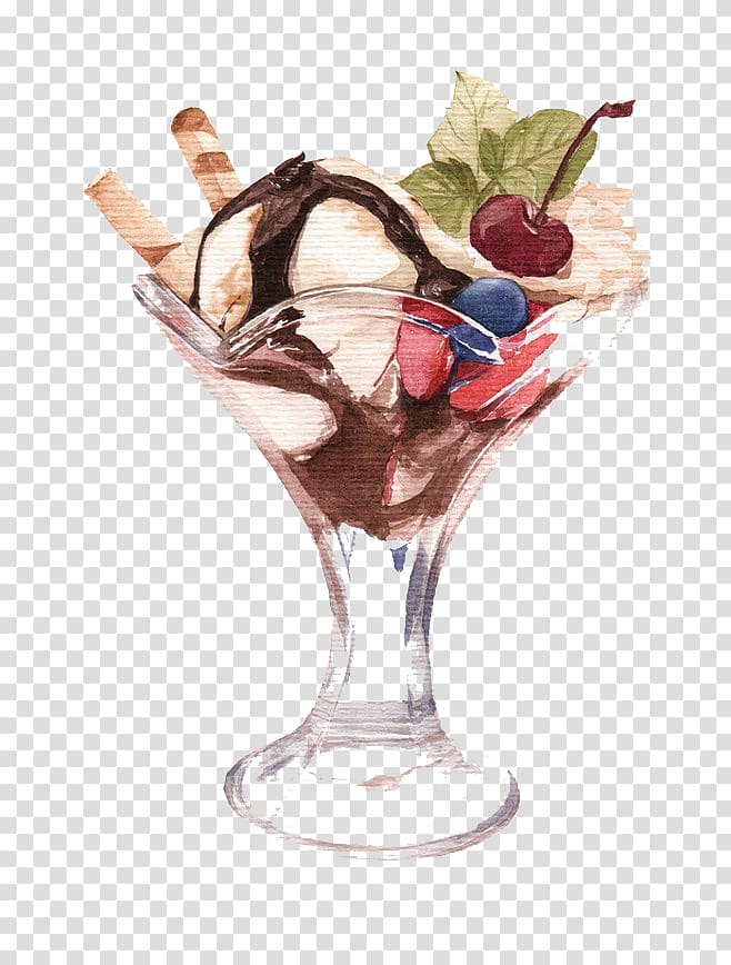 clear parfait glass illustration, Ice cream Parfait Tea Waffle Illustration, Hand painted ice cream transparent background PNG clipart