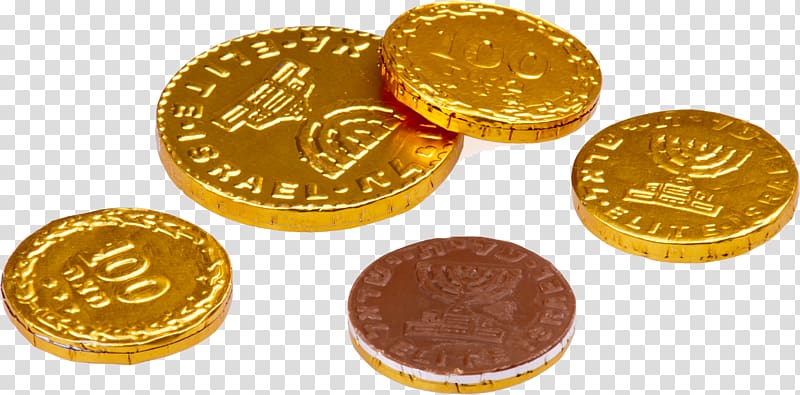 Hanukkah gelt Chocolate Kosher foods Jewish cuisine, Gold coins transparent background PNG clipart