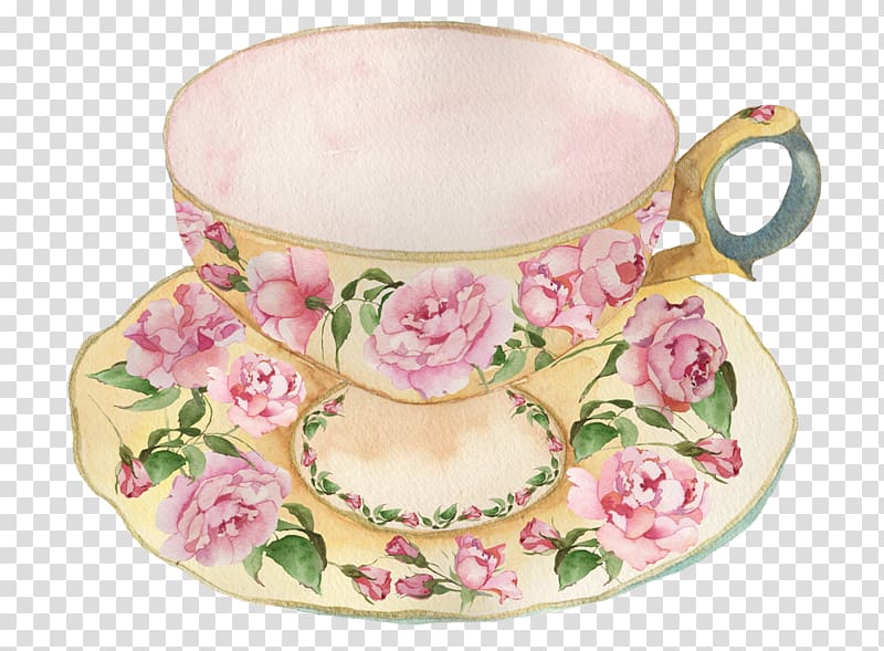 beige and multicolored floral teacup illustration, Teacup Tableware Tea party Teapot, watercolor cake transparent background PNG clipart