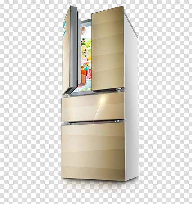 Refrigerator Home appliance Congelador, Champagne half open four-door refrigerator transparent background PNG clipart