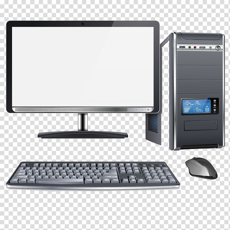 black flat screen computer monitor, computer tower, wireless computer keyboard and computer mouse illustration, Computer case Computer keyboard Laptop Computer mouse Computer monitor, Computer keyboard mouse button creative HD Free transparent background PNG clipart