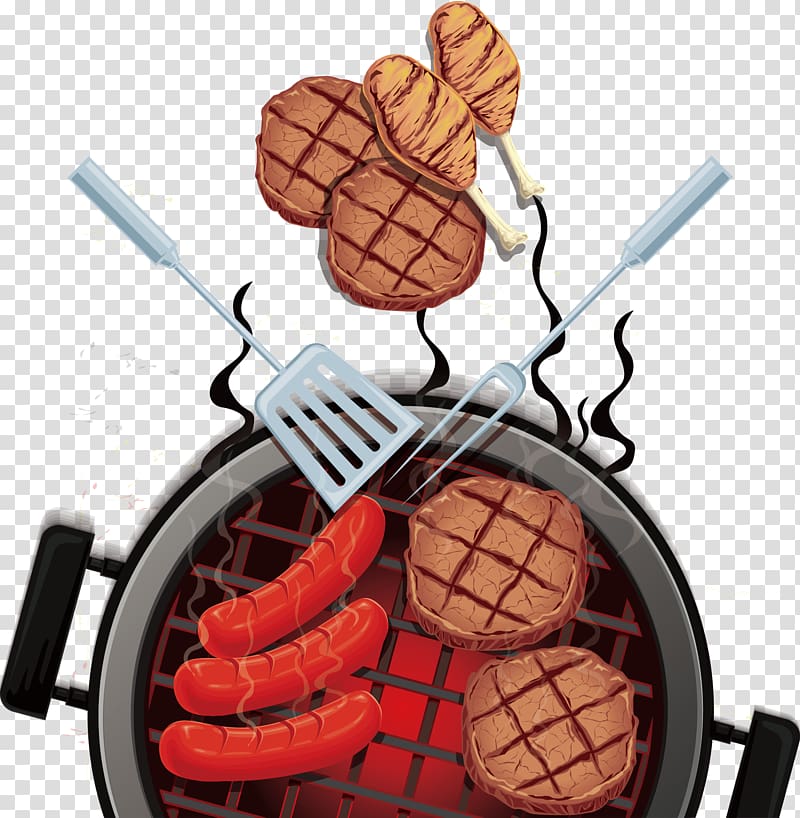 meat and hotdog grilled , Barbecue Barbacoa Grilling Meat, Barbecued meat transparent background PNG clipart