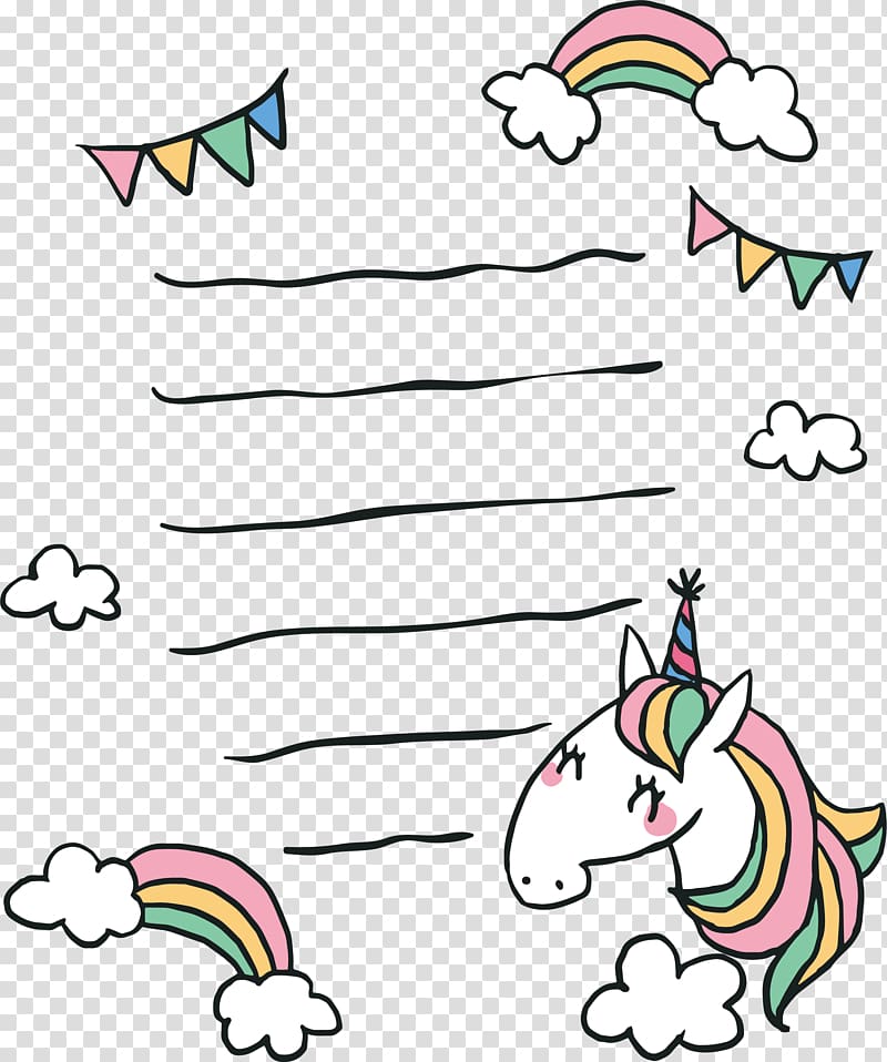 white unicorn illustration, Paper Unicorn Papel de carta, Rainbow hand-painted Unicorn stationery transparent background PNG clipart