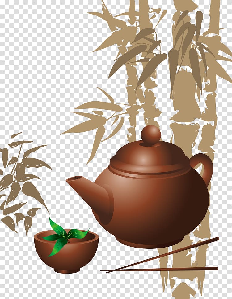 Teapot Teacup Illustration, hand-painted bamboo and teapot transparent background PNG clipart