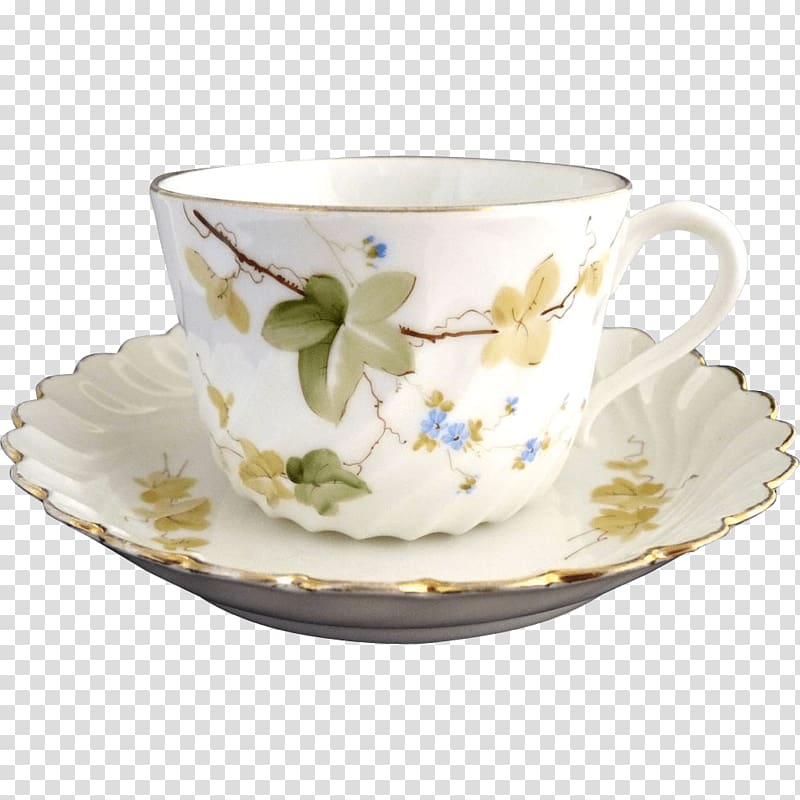 white and green floral teacup on saucer, Porcelain Tea Cup transparent background PNG clipart