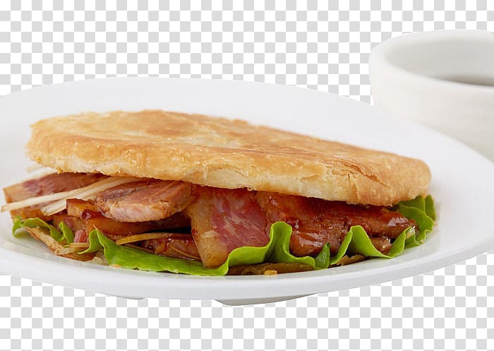 Hamburger Breakfast sandwich Rou jia mo Fast food Bacon sandwich, Pork burger transparent background PNG clipart