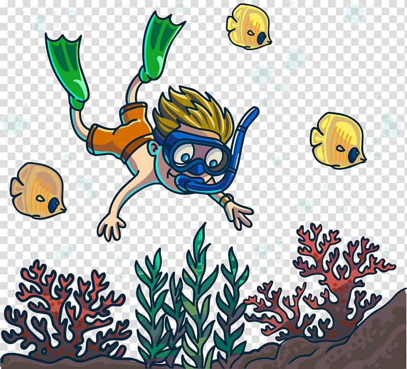 Cartoon Underwater diving , cartoon creative cute diver seabed fish transparent background PNG clipart