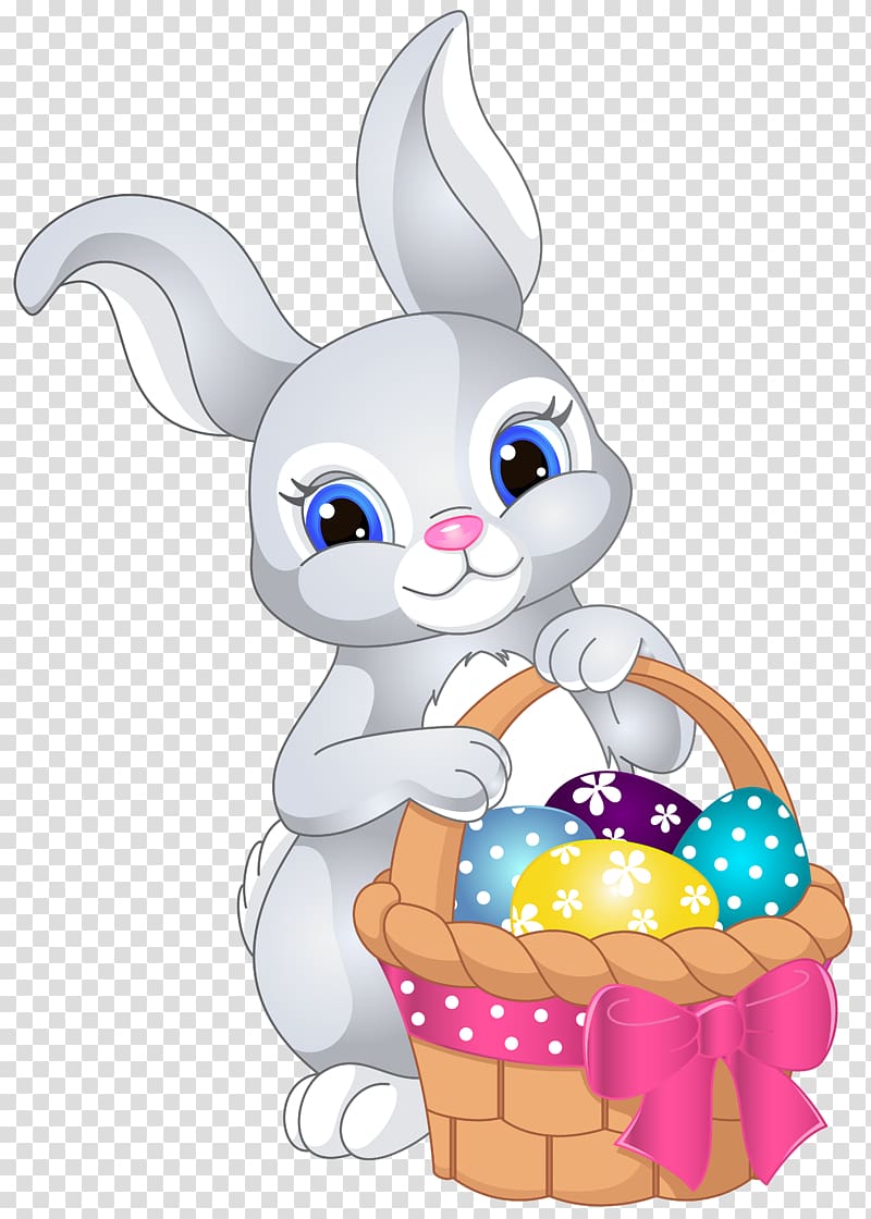 Grey rabbit holding basket with eggs illustration, Easter Bunny