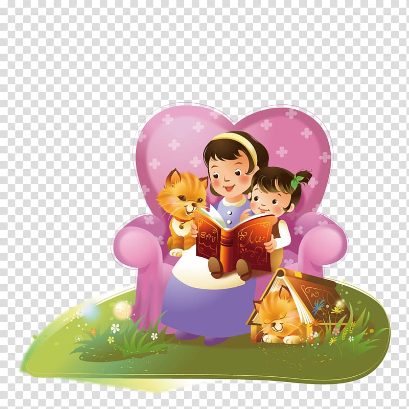 mother and child reading book illustration, English Storytelling for Kids Child book Software, Mother and daughter sitting on the couch reading a book and cats transparent background PNG clipart