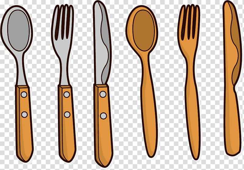 Spoon, fork, and bread knife illustration, Wooden spoon Knife Fork