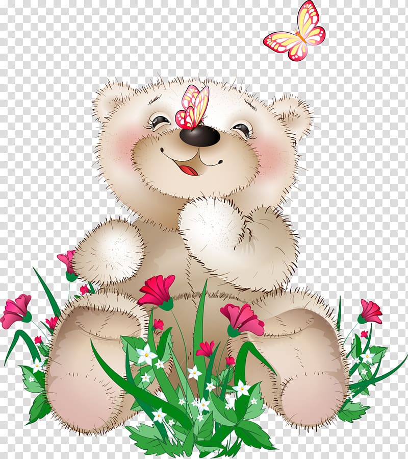 brown bear and butterflies digital illustration, Bear Blessing Morning Illustration, Bear transparent background PNG clipart