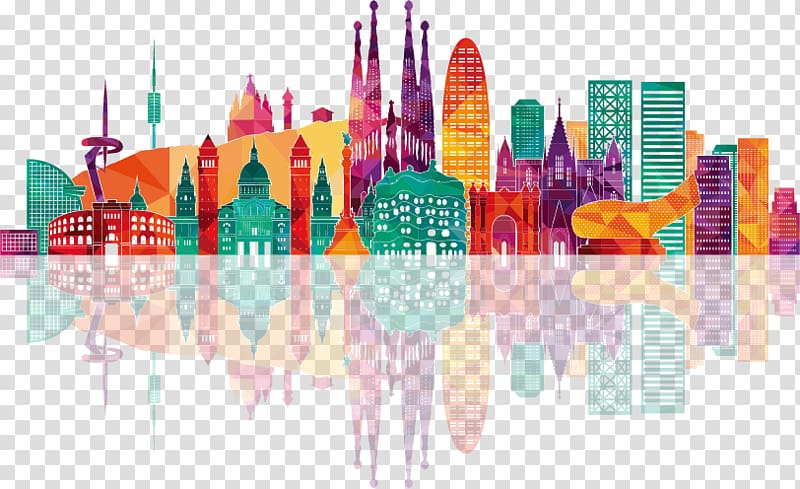 multicolored city sky illustration, Barcelona Urban Diversities and Language Policies in Medium-Sized Linguistic Communities Smart city Illustration, Colorful city building silhouettes transparent background PNG clipart