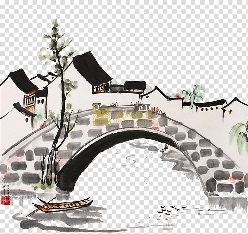 Ink wash painting Paper Bridge, bridge transparent background PNG clipart