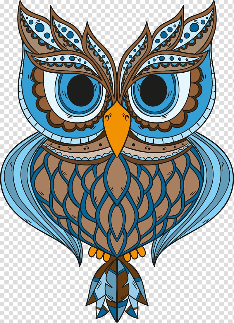 blue and brown owl mandala artwork, Owl Drawing Art Vintage clothing, Blue feather owl transparent background PNG clipart