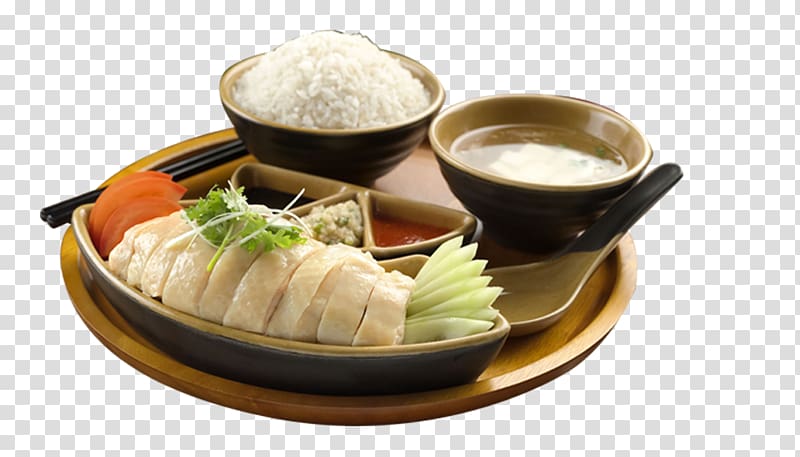 steamed rice, soup, and chicken dish platter, Singapore Hainanese chicken rice White cut chicken, Hainanese Chicken Rice transparent background PNG clipart
