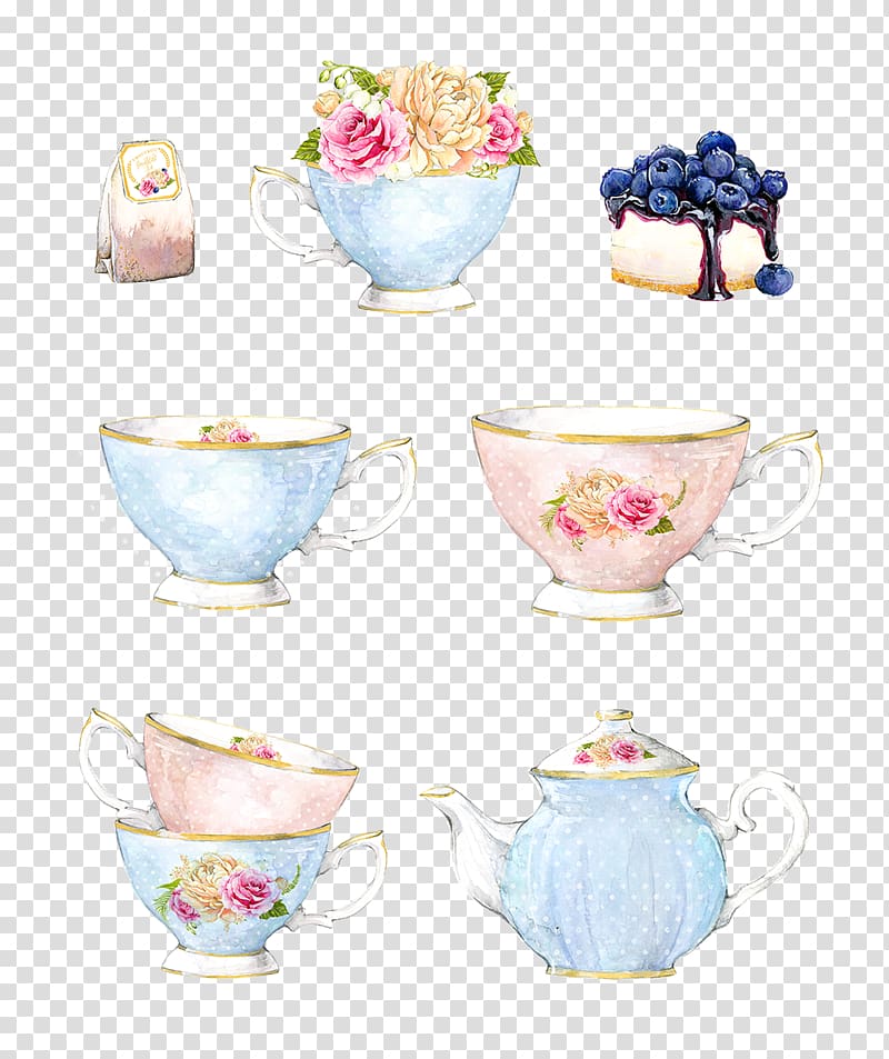 pink and blue ceramic tea cups collage, Tea Watercolor painting Illustration, cup transparent background PNG clipart