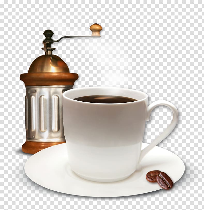 white coffee cup and brown grinder , Cafe Coffee Restaurant Template, Cup of Coffee and Coffee Mill transparent background PNG clipart