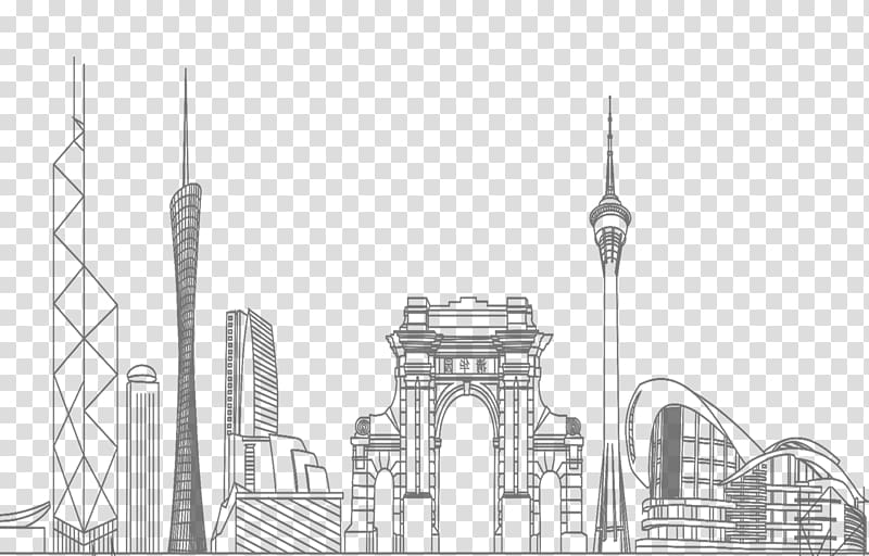 Black and white Place of worship Skyline Line art, Creative City transparent background PNG clipart