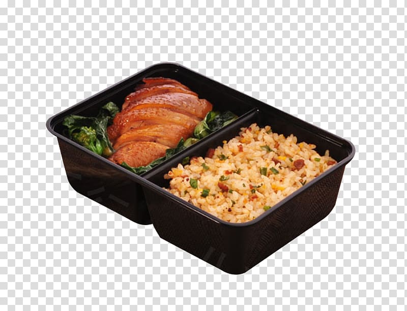 Bento Red braised pork belly Fried rice Fast food Take-out, Pork with fried rice material transparent background PNG clipart