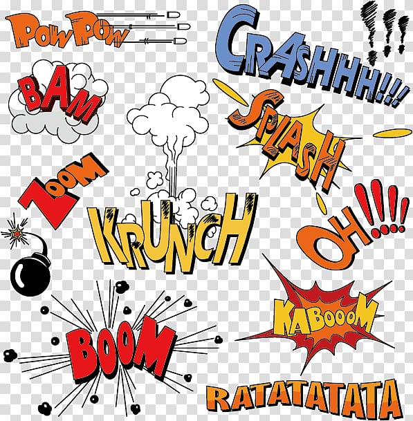 crassh, booom, bam, powpow text illustration, Explosion pattern transparent background PNG clipart