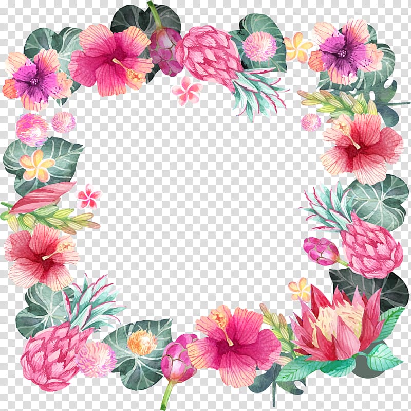 pink floral frame illustration, Romantic watercolor hand painted flower borders transparent background PNG clipart
