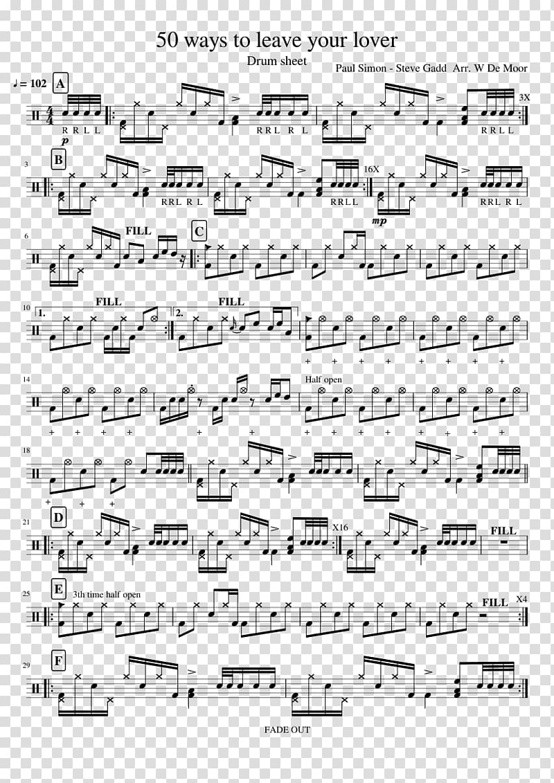 Sheet Music 50 Ways to Leave Your Lover Drum tablature Drums, batterie transparent background PNG clipart