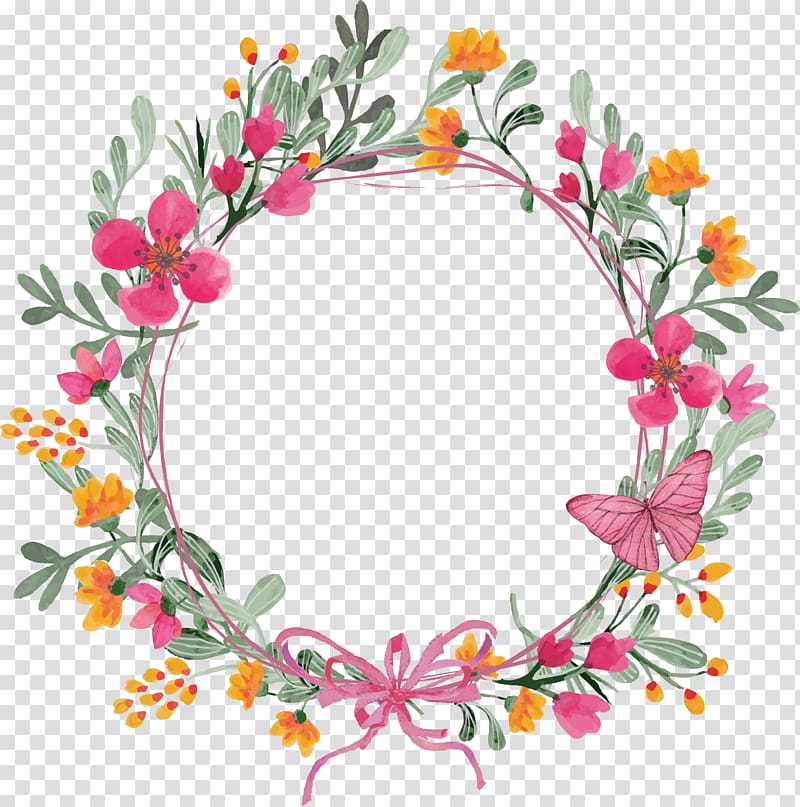 Flower Garland, Pink Butterfly wreath, pink and orange floral wreath illustration transparent background PNG clipart