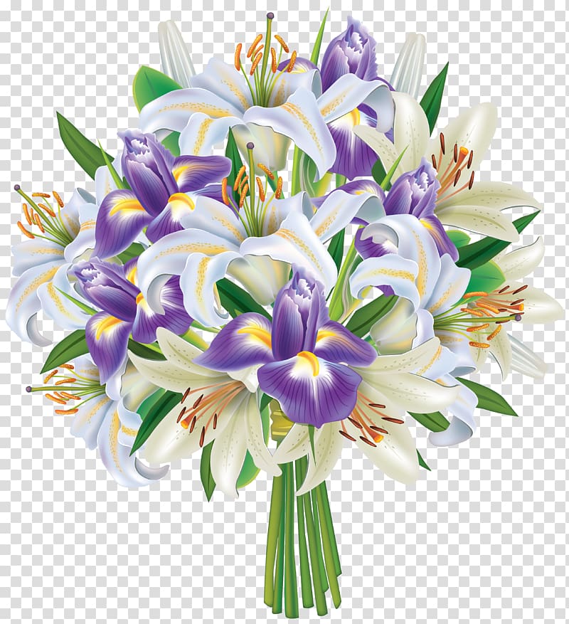 purple iris flowers and white lilies bouquet illustration, Arum-lily Flower bouquet , Purple Iris Flowers and Lilies Bouquet transparent background PNG clipart