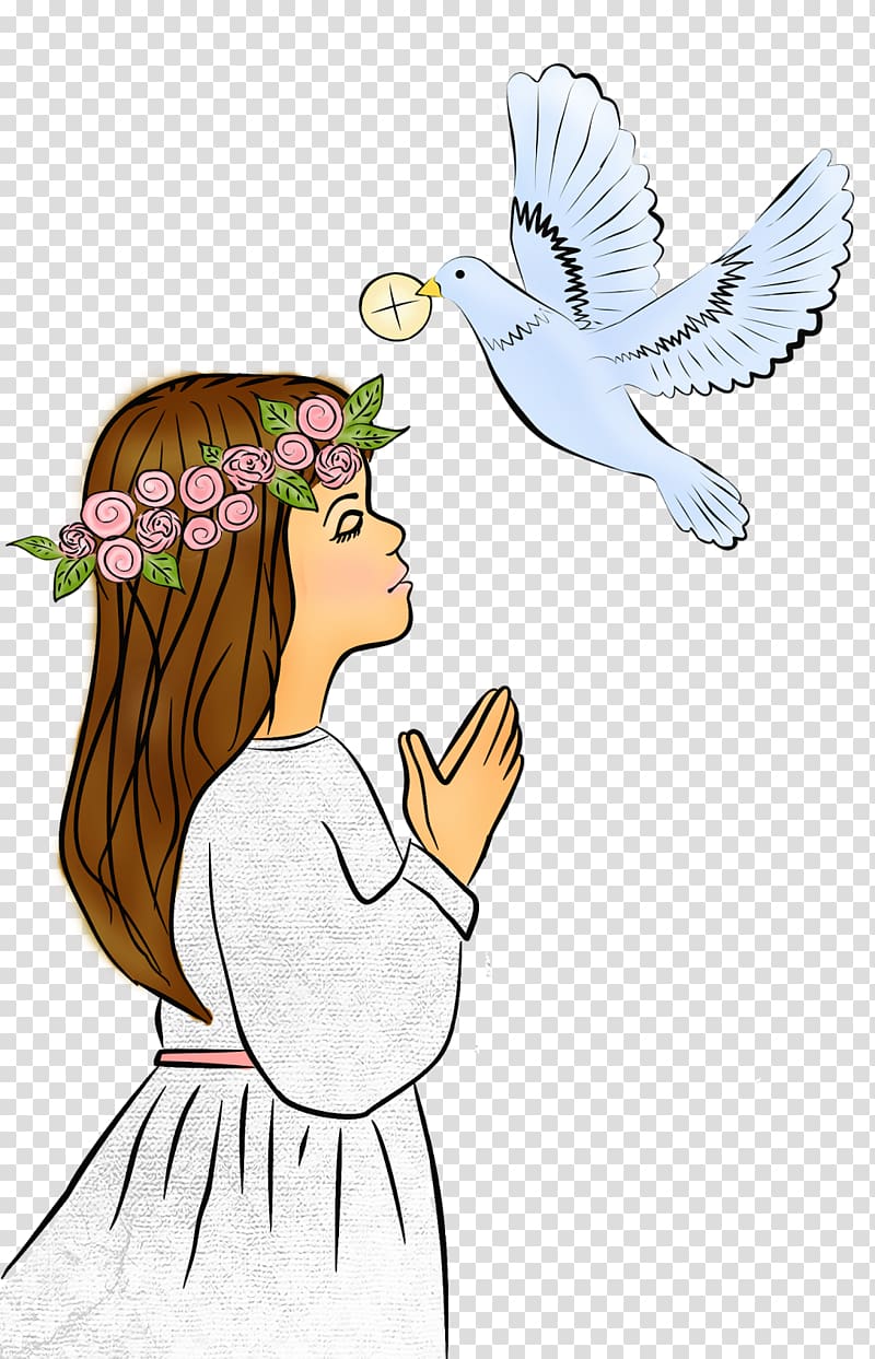 girl praying over bird painting, First Communion Eucharist Confirmation Saint, communion transparent background PNG clipart