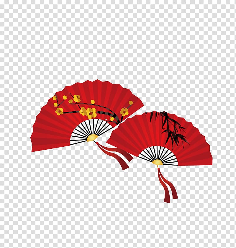 two red Japanese fans , China Paper Hand fan Icon, Chinese fan transparent background PNG clipart