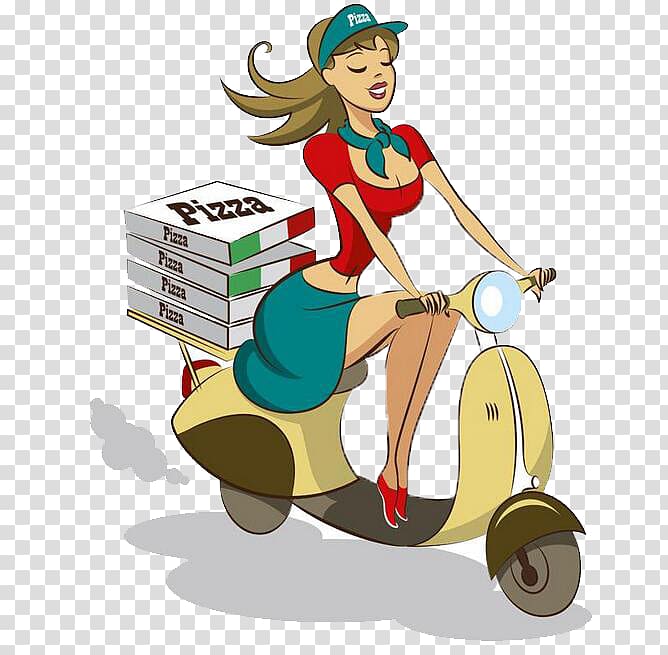 woman riding scooter delivering pizza illustration, Scooter Pizza delivery, Pizza takeaway transparent background PNG clipart
