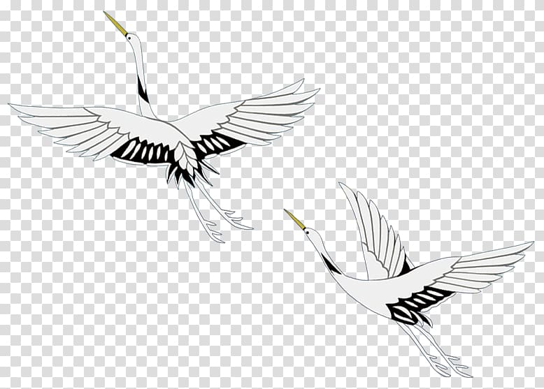 two white crane birds illustrations, Crane Bird Ink wash painting, Flying crane transparent background PNG clipart