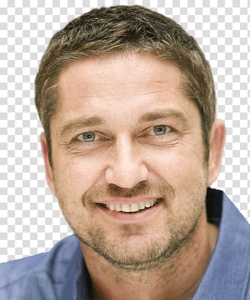 man wearing blue collared shirt smiling, Gerard Butler Smiling transparent background PNG clipart
