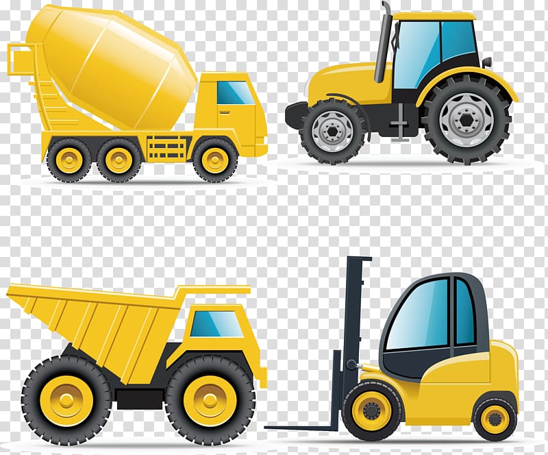 four yellow heavy equipment , Car Heavy equipment Architectural engineering Truck , Rollers mud tanker truck earthmoving vehicle transparent background PNG clipart