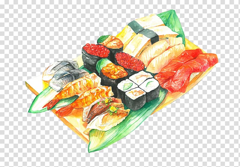 Japanese Cuisine Sushi Onigiri u7f8eu5473u65e5u672cu58fdu53f8, Hand-painted pattern sushi transparent background PNG clipart