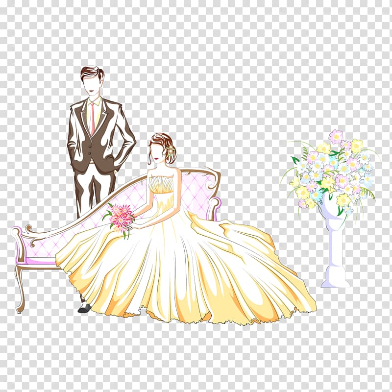 man standing near sofa with woman illustratino, Wedding Cartoon Marriage Illustration, Wedding transparent background PNG clipart