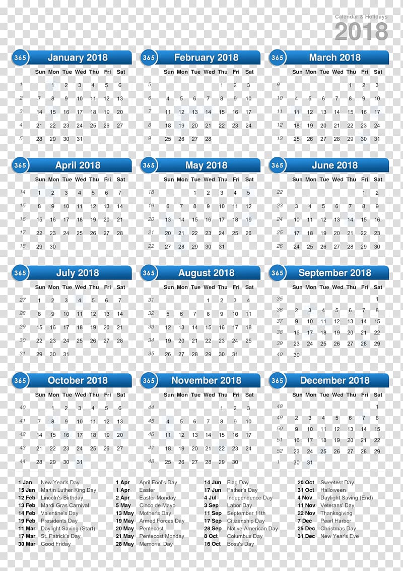 Broadcast calendar ISO week date Year Gregorian calendar, 2018 calendar transparent background PNG clipart