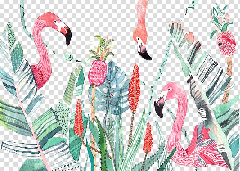 three flamingo paintings, Bird Flower Animal Illustration, Banana leaf pattern painted red-crowned crane transparent background PNG clipart