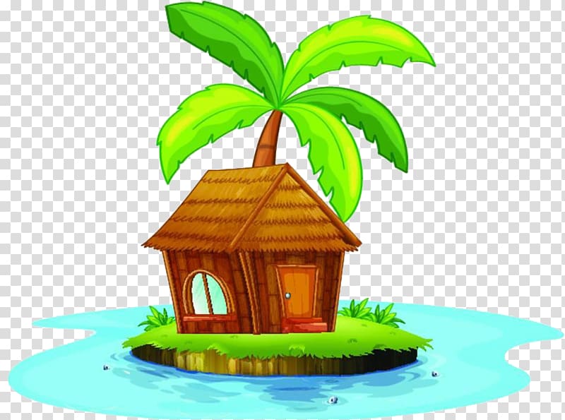 house on island near palm tree , Nipa hut , There is a small house on the island transparent background PNG clipart